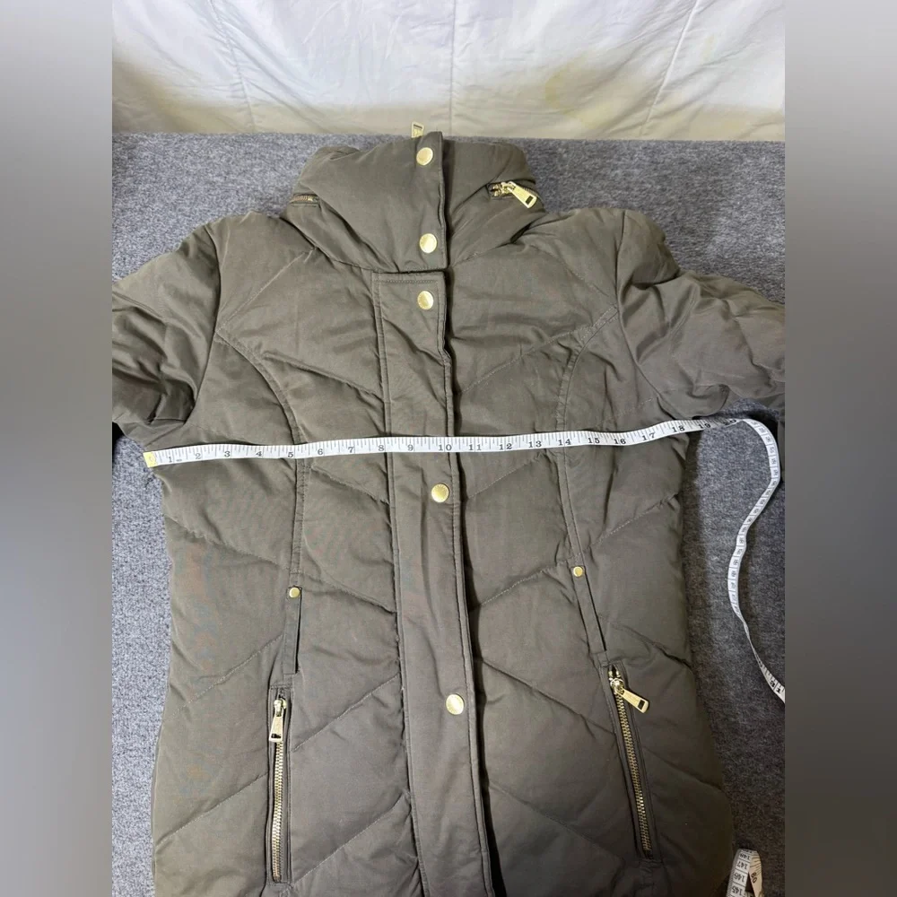 Cole Haan Signature Olive Down Puffer Jacket XS | Gold Zip Hooded‎ Quilted Coat